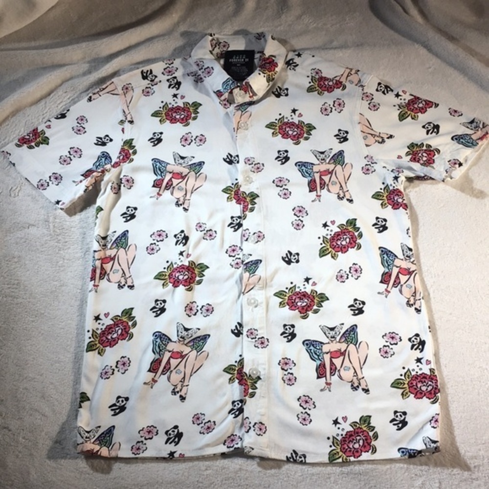 Very Unique Mens Forever 21 Winged Pixie Printed Button Down Short Sleeved Shirt